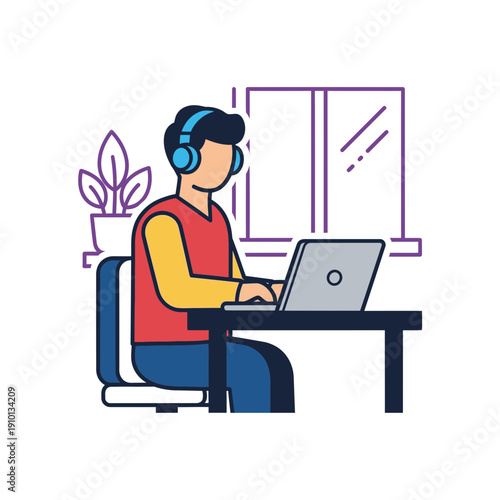 Person working on a laptop with headphones in a room with a window and plant.