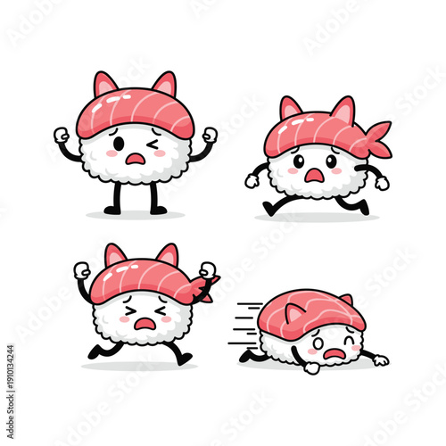 Cute cartoon sushi characters with different emotions and actions in kawaii style