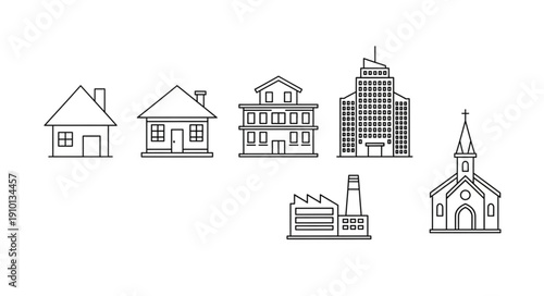 Collection of Diverse Building Illustrations in Simple Line Art Style.