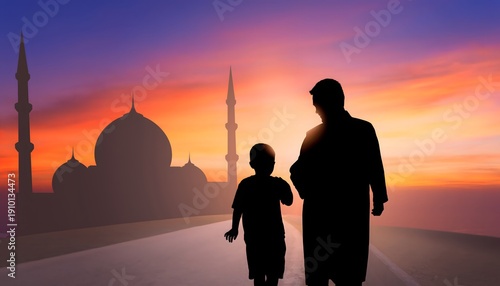 Father and son walk towards mosque at sunset during Ramadan or Eid celebration