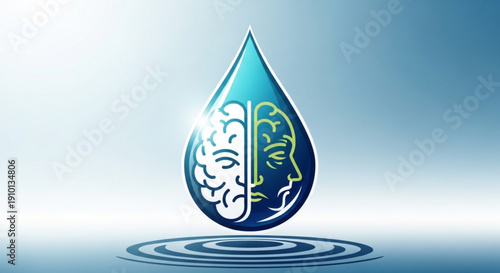 Brain split in half inside water drop with ripples on blue background symbolizing thoughts and emotions