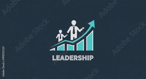Leadership concept with a person guiding another up a growing bar chart graph with an upward arrow