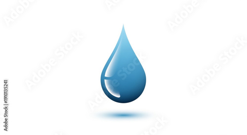 Large blue water droplet with reflection on white background symbolizing freshness and purity in a minimalist style