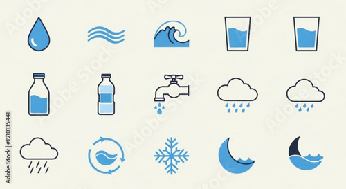 Collection of blue weather and water icons including clouds waves and precipitation symbols on a light background