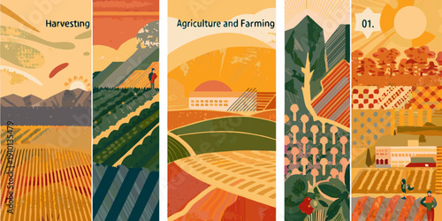 Four vertical banners depicting agricultural themes and autumn harvests