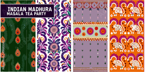 A vibrant triptych of patterned textile designs featuring elephants and florals