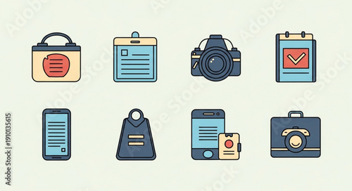 Collection of modern flat icons representing business and technology objects.