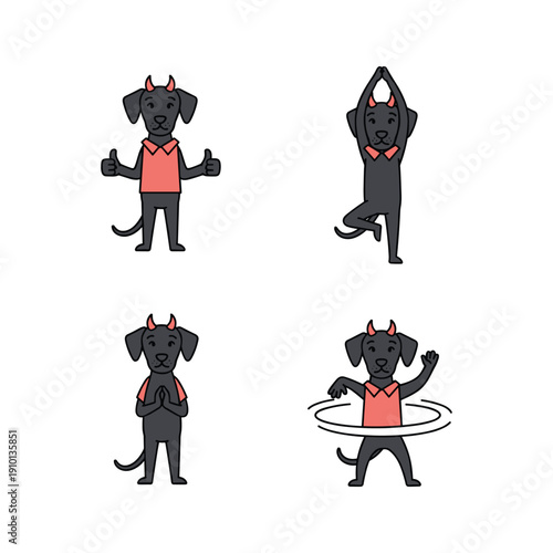 Cartoon black dogs exercising in various yoga poses with devil horns and red shirts