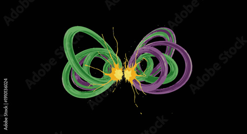 Abstract green and purple intertwined rings collide in a vibrant yellow splash against a dark background, symbolizing dynamic interaction and energy.