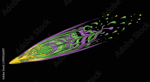 A vibrant abstract illustration featuring a dynamic streak of green, purple, and gold hues, evoking a sense of festive energy and rapid motion against a dark background.