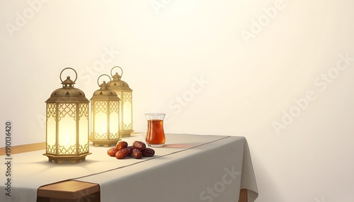 Ramadan lanterns and dates lighting up a table with tea