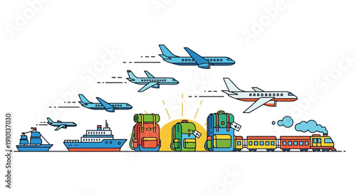Illustration of a tourism comeback with various travel modes and icons on a white background, conveying a sense of global resilience and holiday travel.