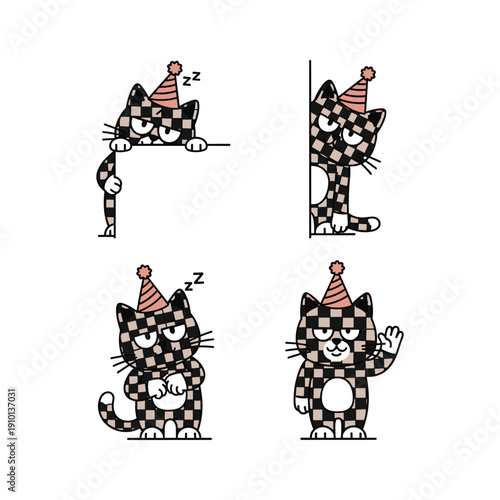 Cute cartoon cat in party hat sleeping and waving on white background