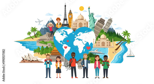 Illustration of a diverse group of people standing in front of a globe with iconic landmarks and travel symbols, representing global tourism resilience and comeback.