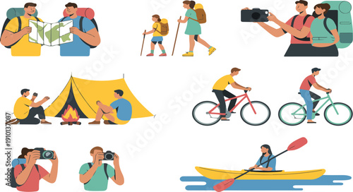 Active Hikers Vector Set – Cartoon Family Hiking and Trekking Tourists