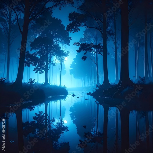 Serene moonlit forest with tranquil water reflecting the trees