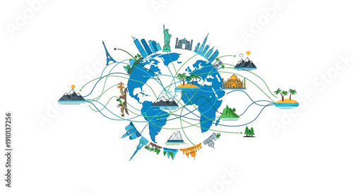 Illustration of a globe with various travel-related icons and landmarks, symbolizing global tourism resilience and comeback on a travel day.