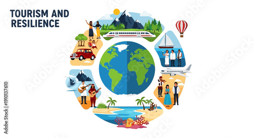 Illustration of global tourism comeback with icons around a globe, symbolizing resilience and travel on a Global Tourism Resilience Day, featuring various transportation and landmark