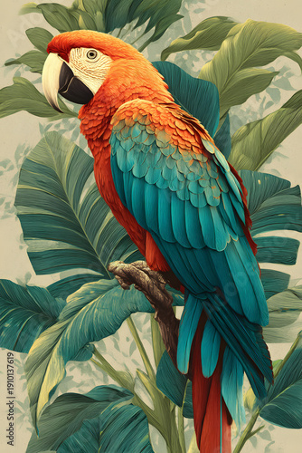 Colorful macaw perched among tropical leaves in a lush setting
