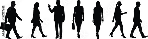 Business people walking, talking, professional colleagues in silhouette, corporate attire, office lifestyle, teamwork concept, urban business environment
