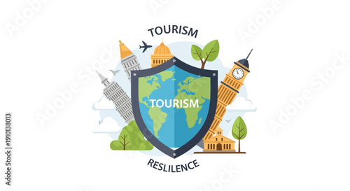 Illustration of a shield with a globe, icons of landmarks like Eiffel Tower, and symbols of transportation, representing Global Tourism Resilience Day and travel comeback.