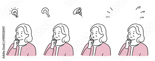 顎に手をあてているいろいろな表情のシニアの女性