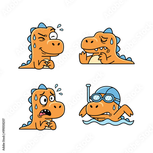 Cartoon dinosaur experiencing heat stress and enjoying swimming in water with copy space