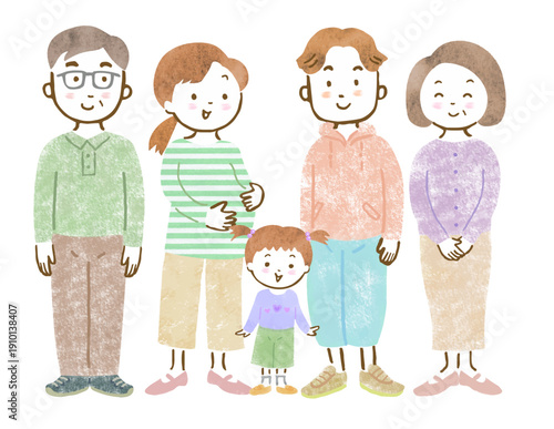 三世代家族のイラスト/父親と妊娠中の母親と幼い娘、祖父母