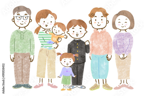 三世代家族のイラスト/赤ちゃんを抱っこするママとパパと制服を着た長男、幼い長女、祖父母