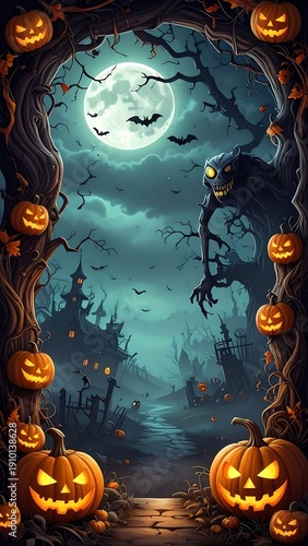 Spooky scene with pumpkins, a moon, and a scary monster