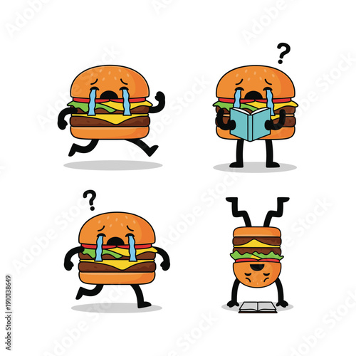 Cartoon burger characters with question marks in a white background with copy space