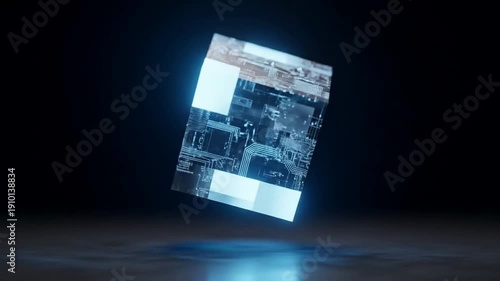 Rotating Futuristic Digital Cube with Glowing Circuitry - Technology Concept