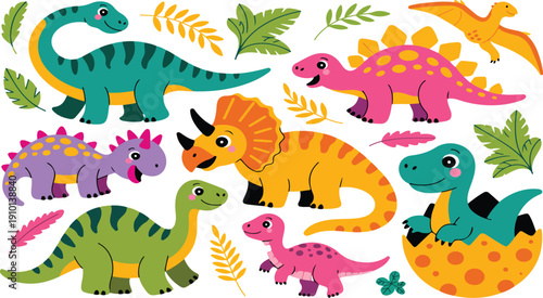 Cartoon Dinosaur Vector Set – Cute Baby Dino Triceratops and Brontosaurus Characters
