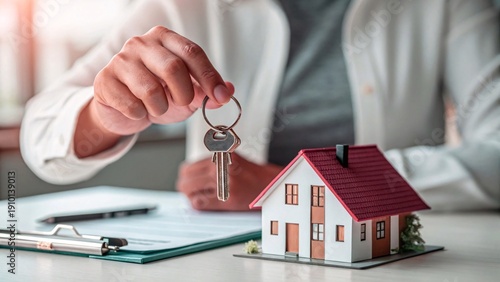 Home Key Handover Concept with Mini House in Hands