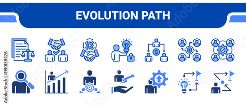 Evolution Path Icon Collection,  featuring Human evolution, Journey, Transition, Overcoming, Triumph, Realization, Goal.