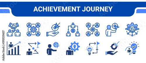 Achievement Journey Icon Collection,  featuring Journey, Goal, Goal achievement, Triumph, Realization, Self growth, Innovation.