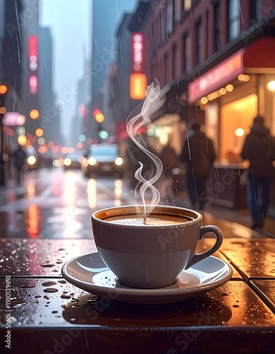 Steaming coffee cup sits on a table in front of a rainy urban street