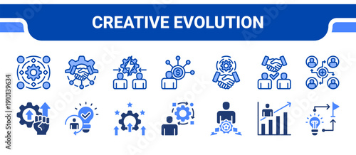 Creative Evolution Icon Collection,  featuring Revolution, Innovation, Improvement, Adaptation, Transition, Journey, Realization.