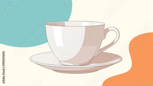 Classic white teacup and saucer are positioned in front of a modern abstract background with soft blue and orange geometric shapes.