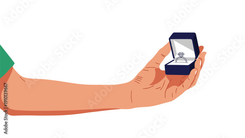 Open velvet ring box held by a hand reveals a sparkling diamond engagement ring in this romantic and elegant jewelry illustration.