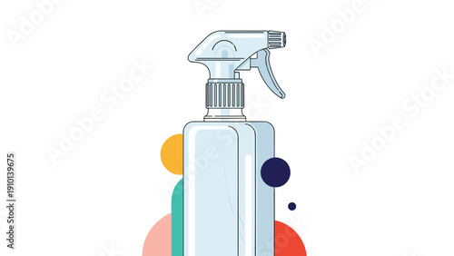 Simple white plastic spray bottle is shown in a clean product illustration set against a background of colorful circular shapes.