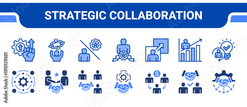 Strategic Collaboration Icon Collection,  featuring Synergy, Partnership, Cooperative, Alliance, Consortium, Joint venture, Strategic alliance.