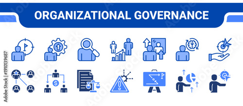 Organizational Governance Icon Collection,  featuring Organization structure, Delegation, Legal document, Risk management, Strategy planning, Equity, Goal achievement.