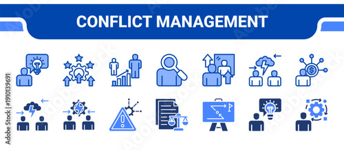 Conflict Management Icon Collection,  featuring Conflict of interest, Conflict resolution, Risk management, Legal document, Strategy planning, Insight, Adaptation.