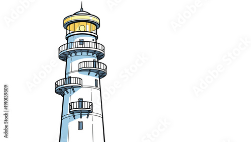 Tall white lighthouse tower with several dark balconies and a glowing top light stands prominently in a clean vertical illustration.