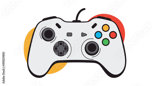 Modern white video game controller features colorful buttons and dual joysticks on a background with warm yellow and red circles.