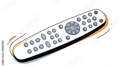 Long white remote control with numerous grey buttons is depicted in a clean and simple electronic device illustration with shadows.
