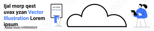 Cloud computing, data storage, digital security, remote access, technology management, online services. A cloud symbol with a person accessing data via a device. Focus on cloud computing and data