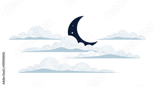 Stylized crescent moon shining through soft stippled blue clouds in a dark night sky background vector illustration.