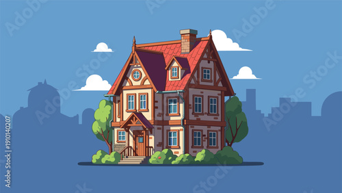 Large traditional two story house with red roof and chimney with city skyline silhouette in the distant background.